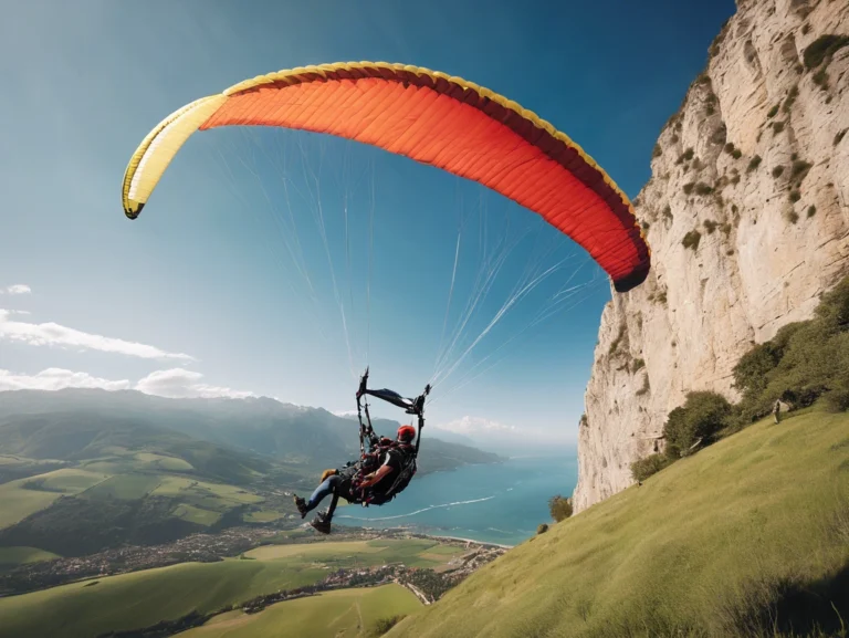 Paraglider soaring through clear skies, experiencing the thrill of paragliding in a scenic location.