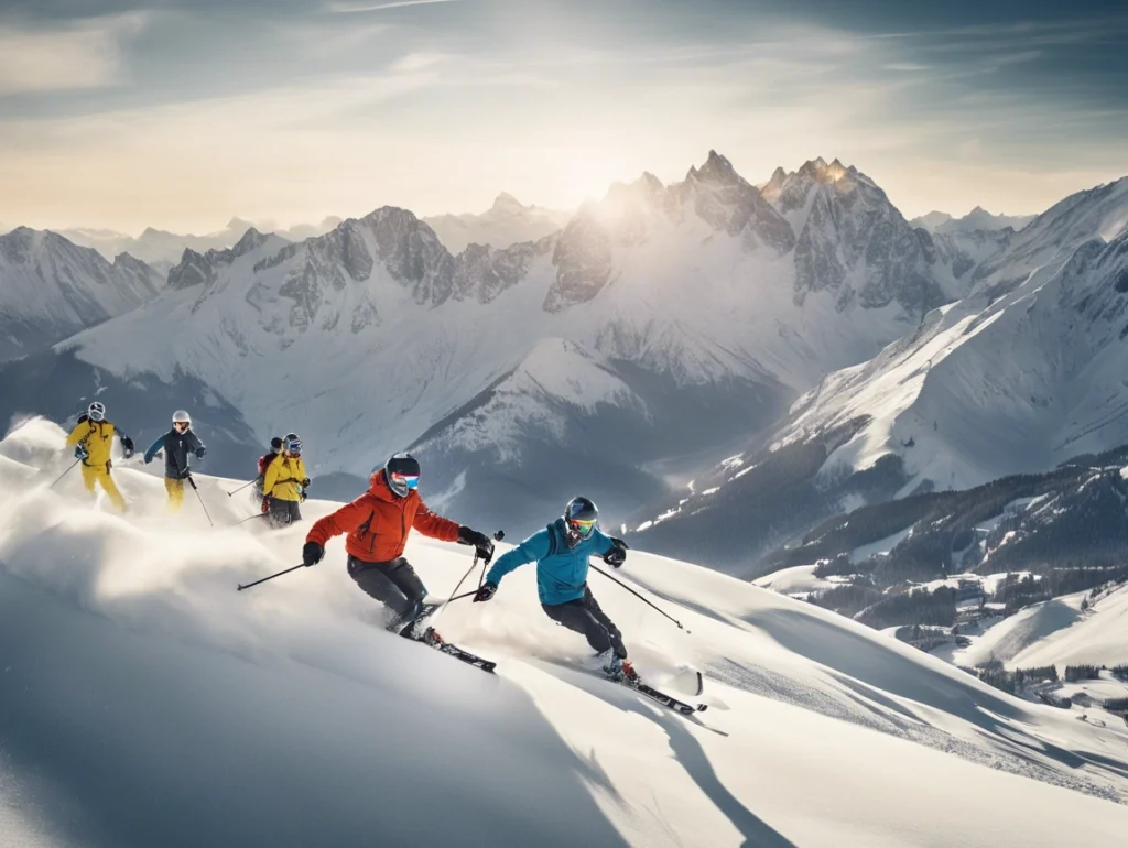 Skier carving through fresh snow on a breathtaking slope, exploring top ski destinations with essential skiing gear.