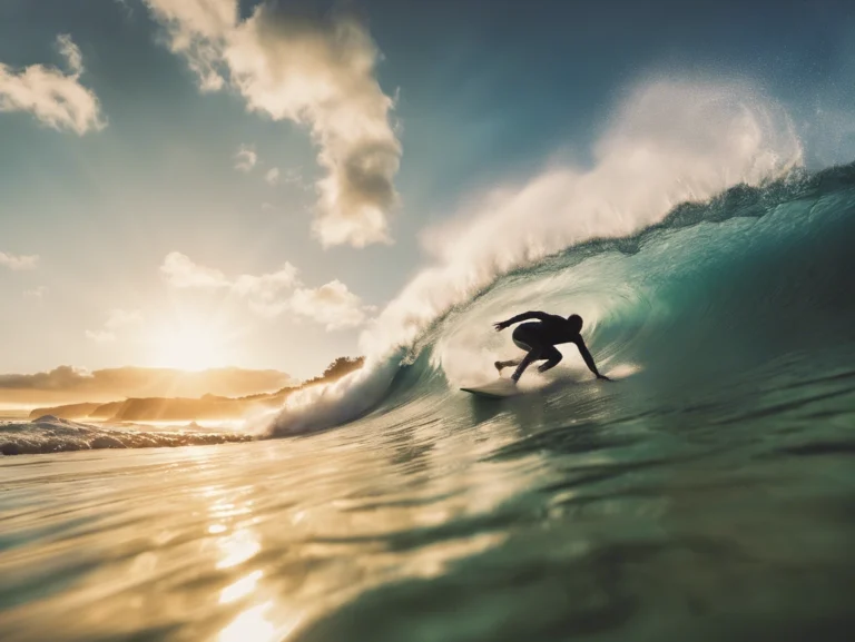 Surfer riding a perfect wave, exploring top surfing destinations with essential gear and expert tips.