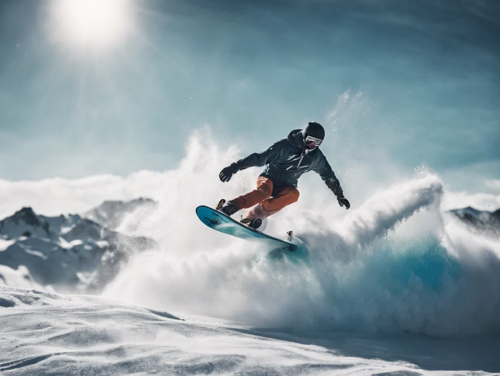 Adventurer on a snowy slope snowboarding and another enjoying windsurfing on the ocean, representing ultimate 2025 guides for both sports.