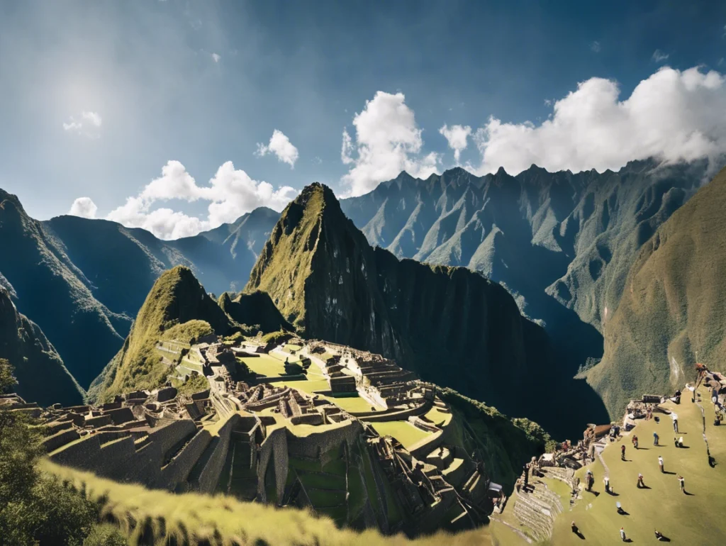 Traveler standing at Machu Picchu, overlooking the ancient Inca city amidst breathtaking mountain views.