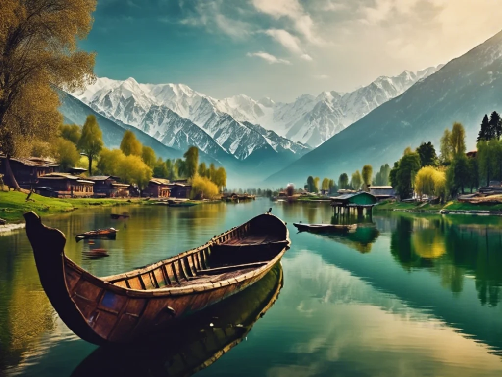 Breathtaking view of Kashmir’s serene landscapes, showcasing the majestic Himalayan mountains and vibrant valleys.