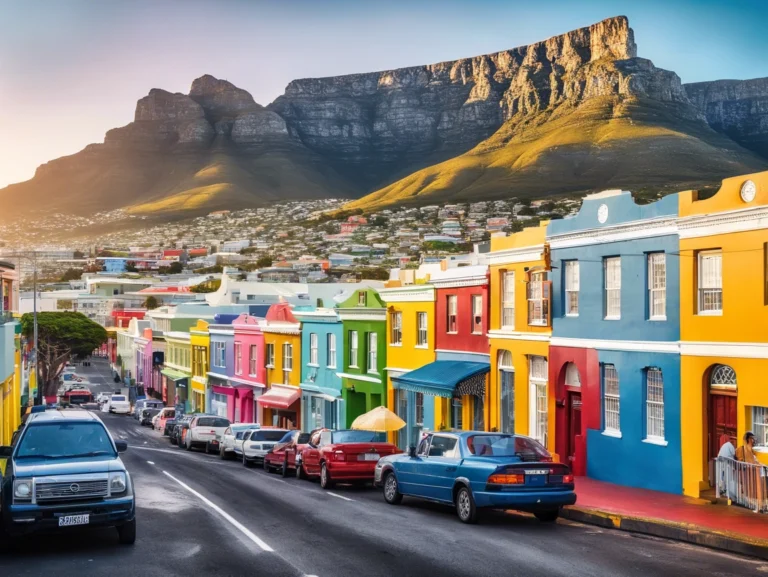 Panoramic view of Cape Town with Table Mountain in the background, highlighting its iconic landscape and coastal beauty.