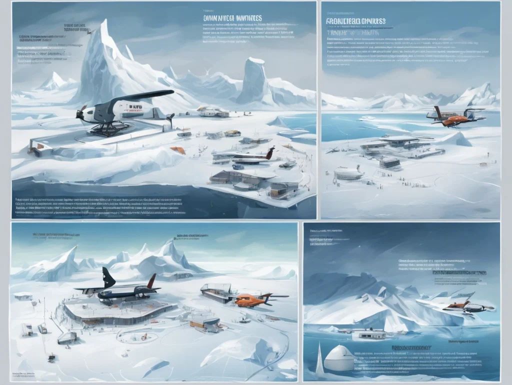 Snow-covered landscape with modern airports nestled in the frozen wilderness, featuring icy runways and breathtaking surroundings.