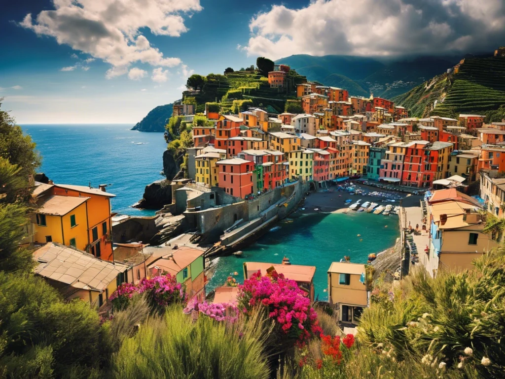 Stunning view of the colorful coastal villages of Cinque Terre, with rugged cliffs and clear turquoise waters.