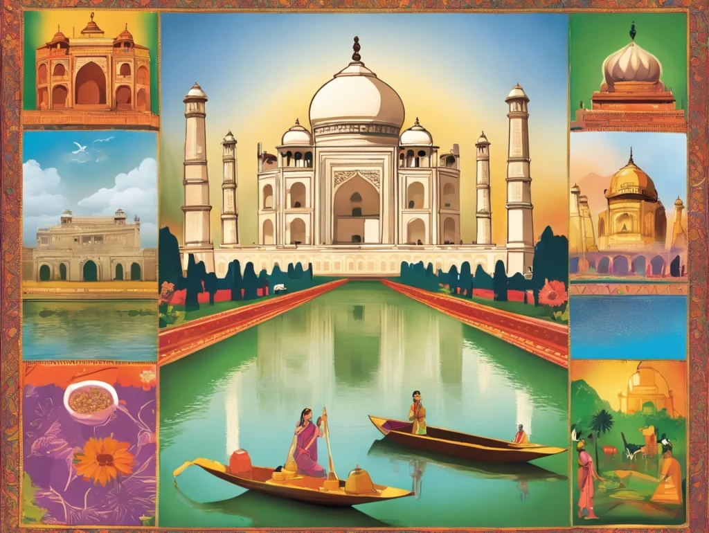 A vibrant view of India’s cultural landmarks, including temples, bustling markets, and lush landscapes showcasing the country's rich heritage.