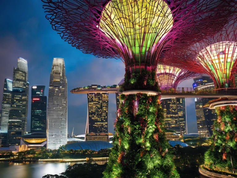 The iconic skyline of Singapore, featuring the Marina Bay Sands, Gardens by the Bay, and the Super tree Grove under the vibrant sky.