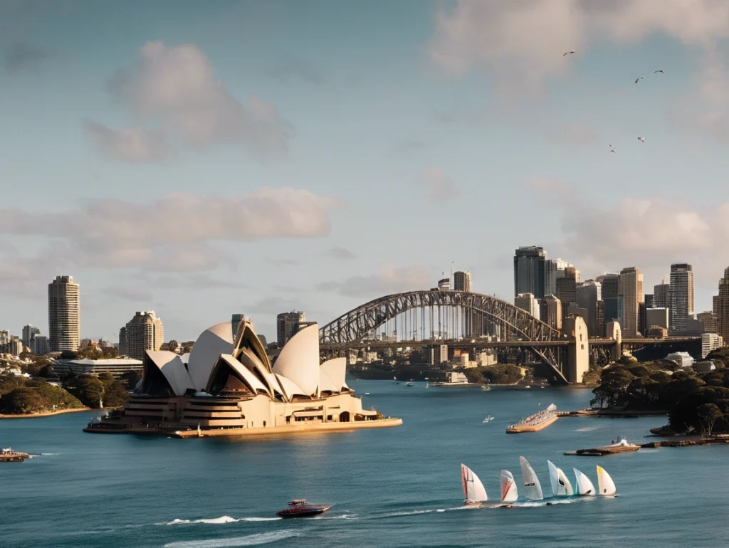 Iconic view of Sydney Opera House and Harbour Bridge at sunset, with sailboats and city skyline.