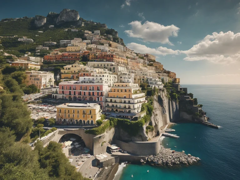 Scenic view of the Amalfi Coast, showcasing colorful cliffside villages, clear blue waters, and picturesque Mediterranean landscapes.