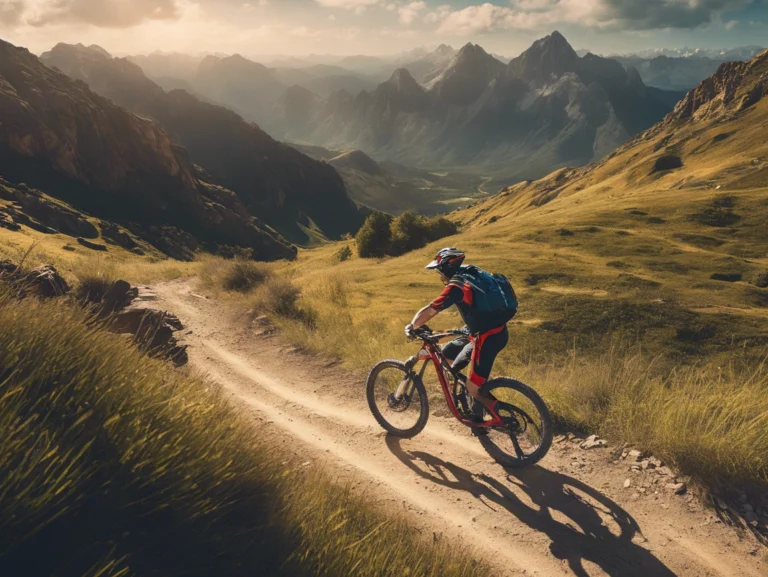 Mountain biker riding on a rugged trail with stunning mountain scenery in the background, showcasing the thrill of adventure.