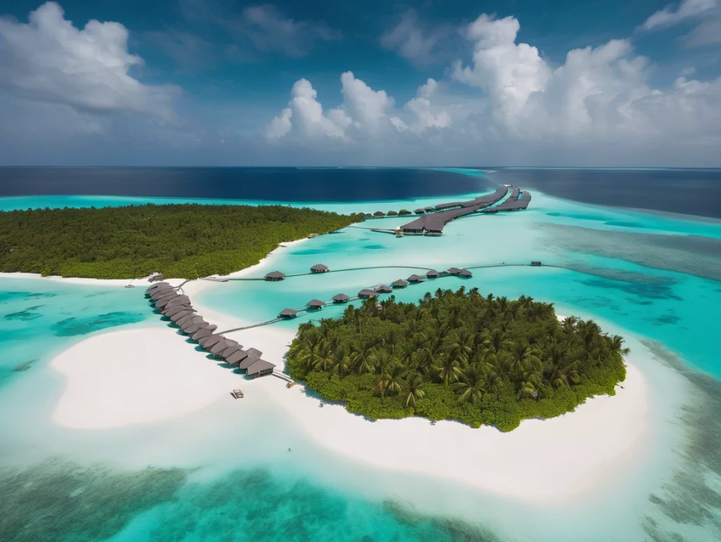 Breathtaking view of the Maldives’ crystal-clear turquoise waters, white sandy beaches, and overwater bungalows.