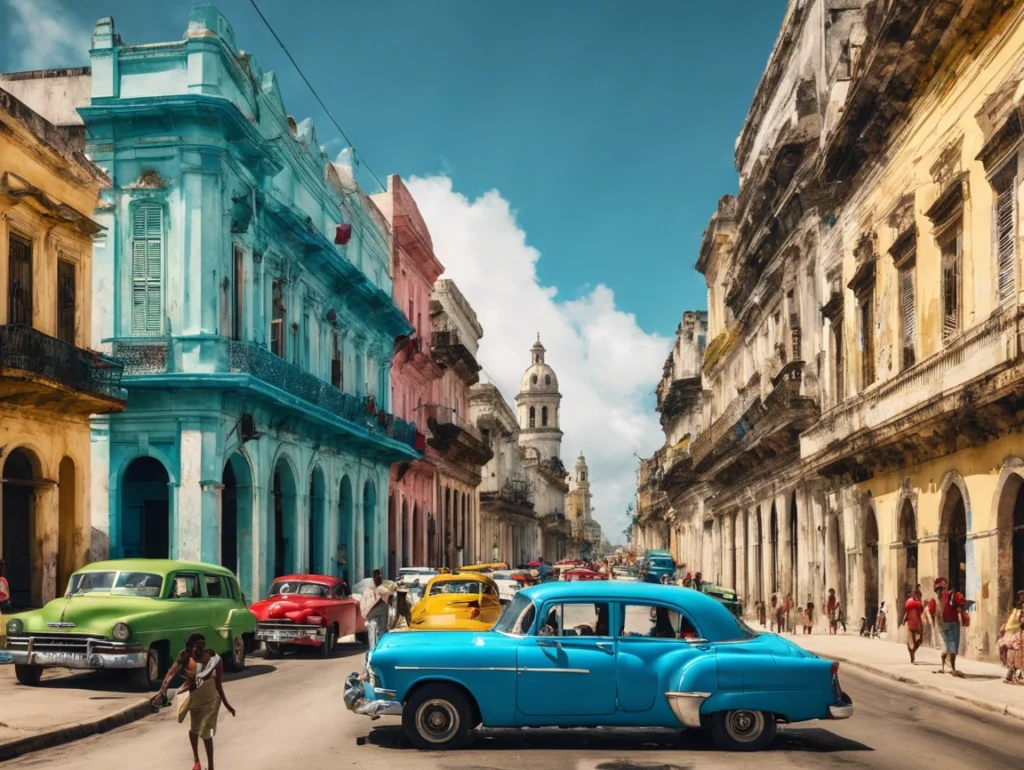 Colorful streets of Havana, Cuba showcasing vibrant architecture, classic cars, and the lively atmosphere of the Caribbean capital.