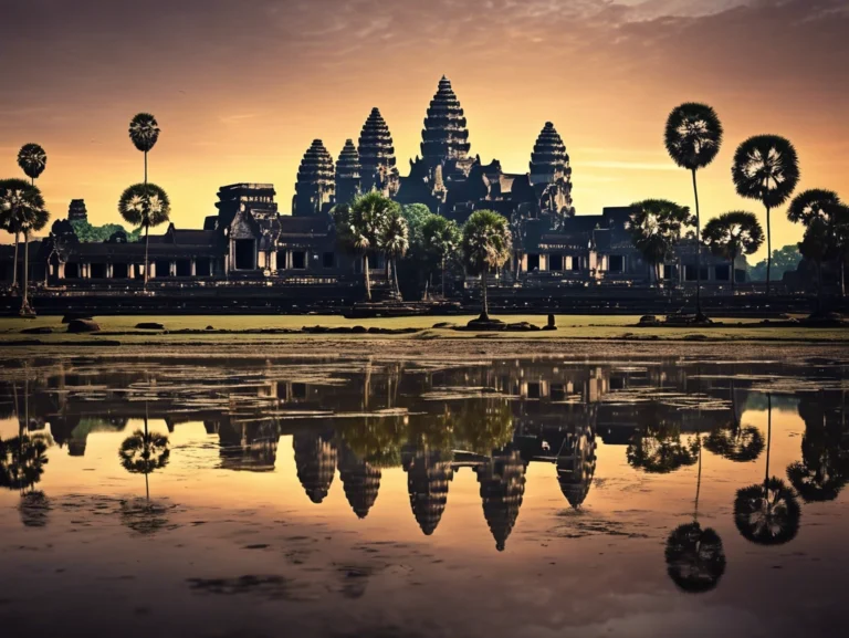 Stunning view of Angkor Wat at sunrise, with intricate stone carvings and lush greenery surrounding the ancient temple.