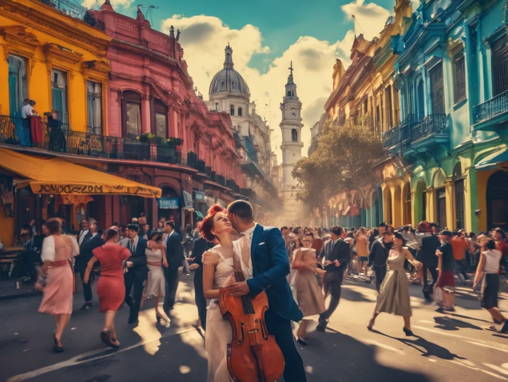 Scenic view of Buenos Aires with its vibrant streets, iconic architecture, and bustling city life.