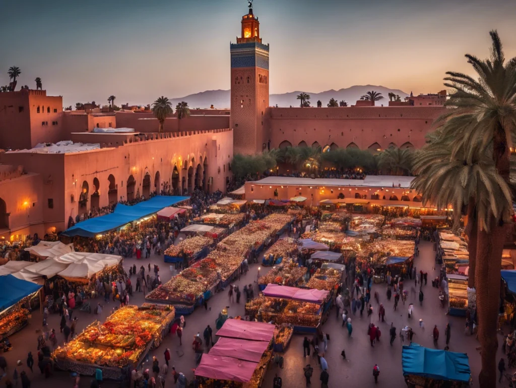 Vibrant view of Marrakech’s famous Jemaa el-Fnaa square, bustling with market stalls, street performers, and rich Moroccan culture.