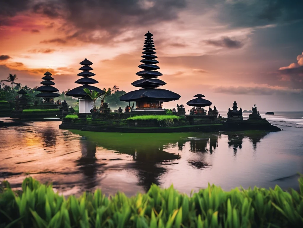 Breathtaking view of Bali’s tropical landscapes, featuring lush rice terraces, pristine beaches, and vibrant temples.