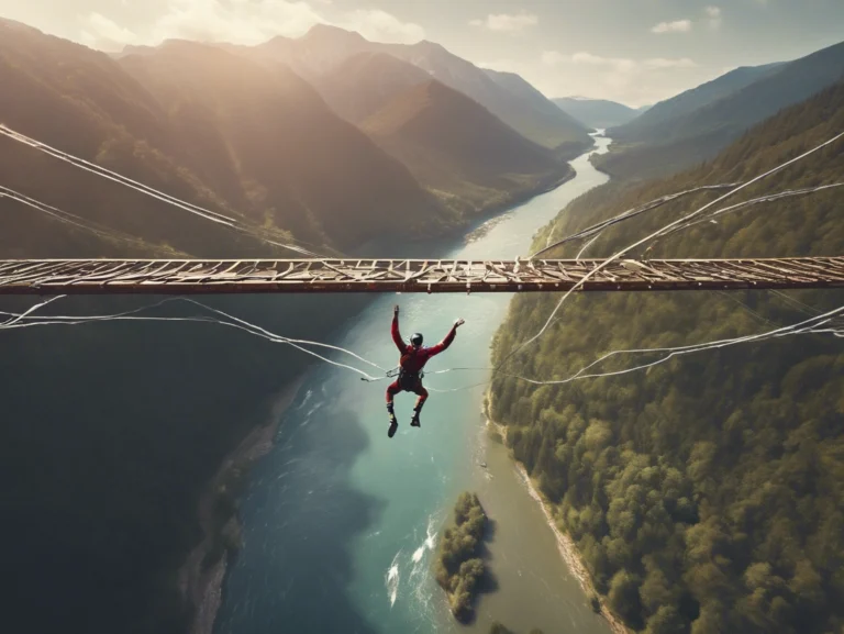 Thrill-seeker taking a leap off a bridge during a bungee jumping adventure, surrounded by breathtaking natural scenery.