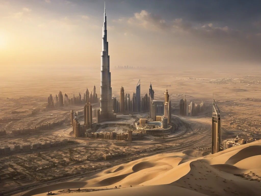 Stunning view of the Burj Khalifa towering over Dubai’s skyline with the vast desert in the background.