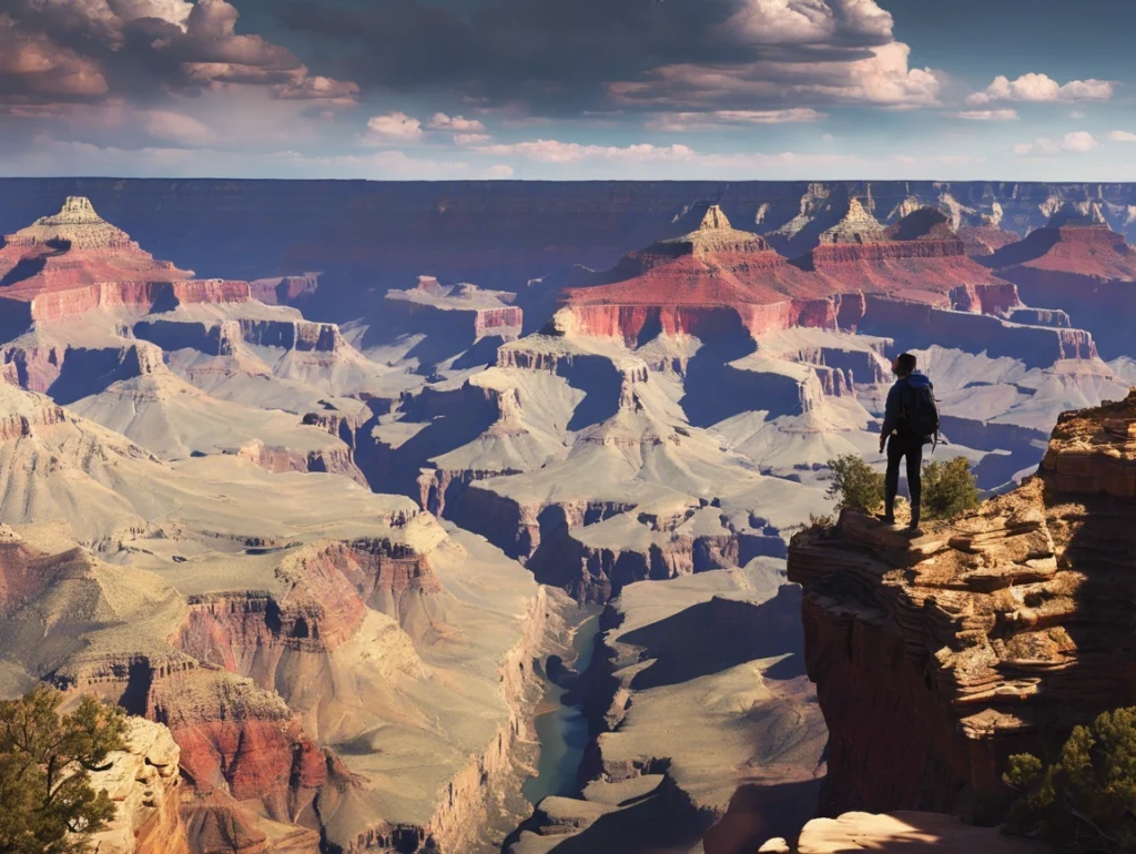 Stunning aerial view of the Grand Canyon with vibrant red rock formations and the Colorado River running through it.