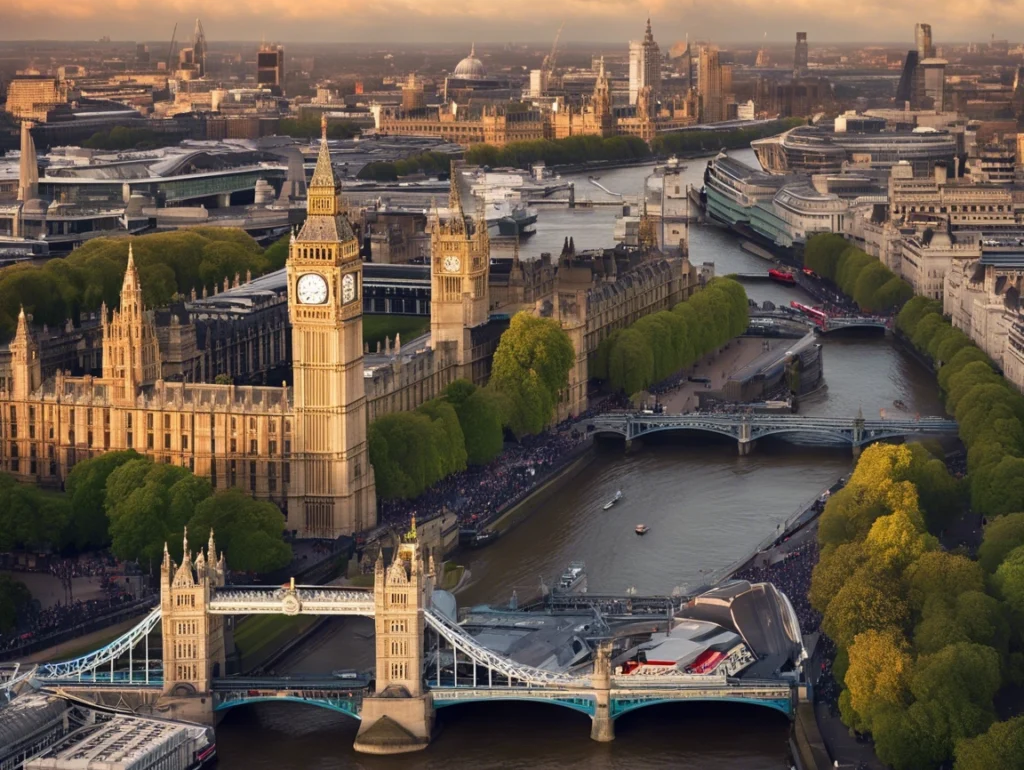 Iconic view of Big Ben and Buckingham Palace with British flags flying in the heart of London.