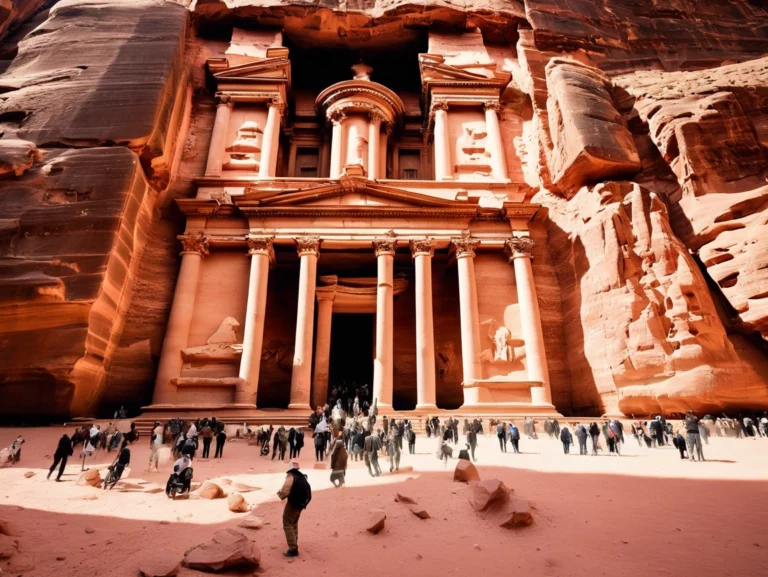 Majestic view of Petra’s iconic Al-Khazneh (The Treasury), carved into red sandstone cliffs, showcasing the ancient Nabatean architecture.