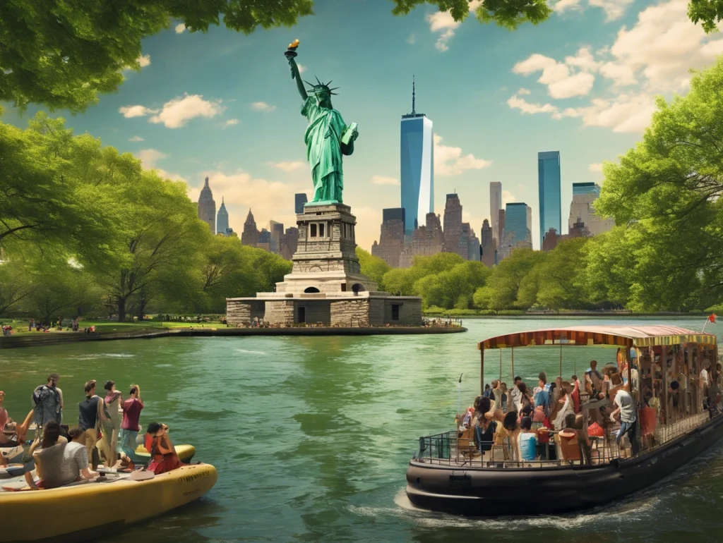 Breathtaking view of the Statue of Liberty on Liberty Island with Manhattan skyline in the background and Central Park’s greenery in the distance.