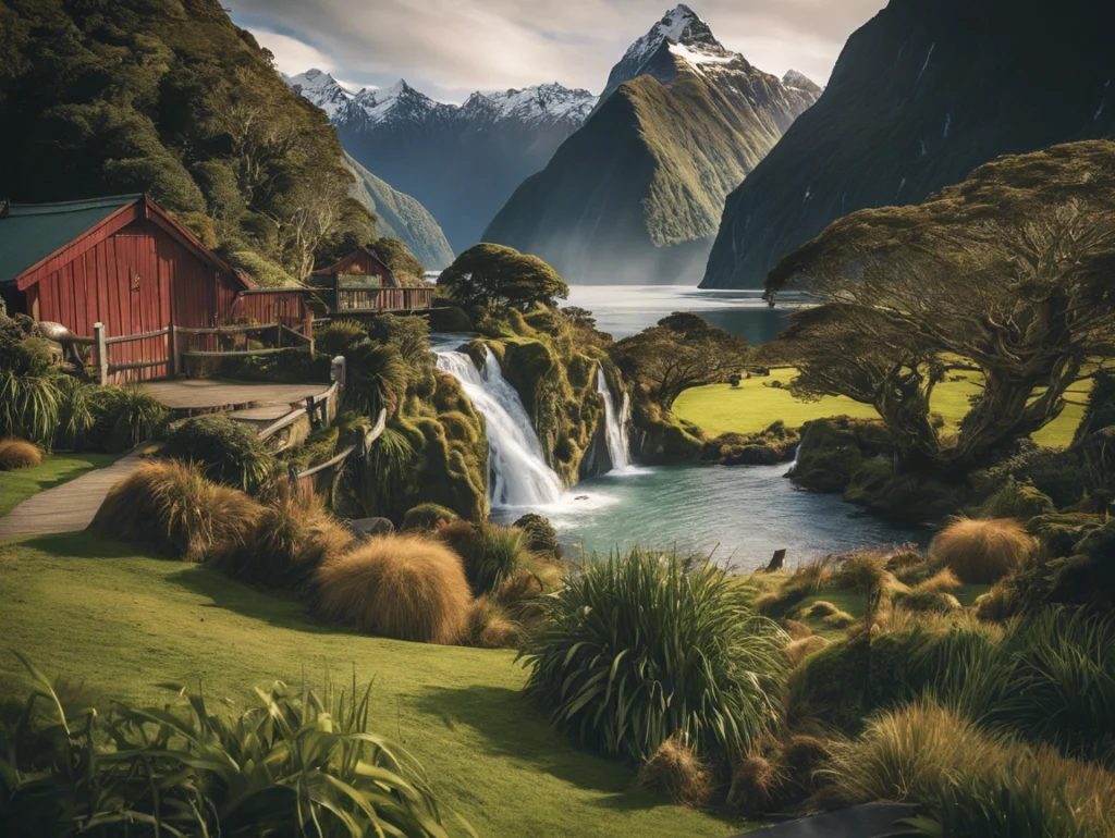 Breathtaking view of Milford Sound in New Zealand, with towering cliffs, lush green forests, and serene waters.