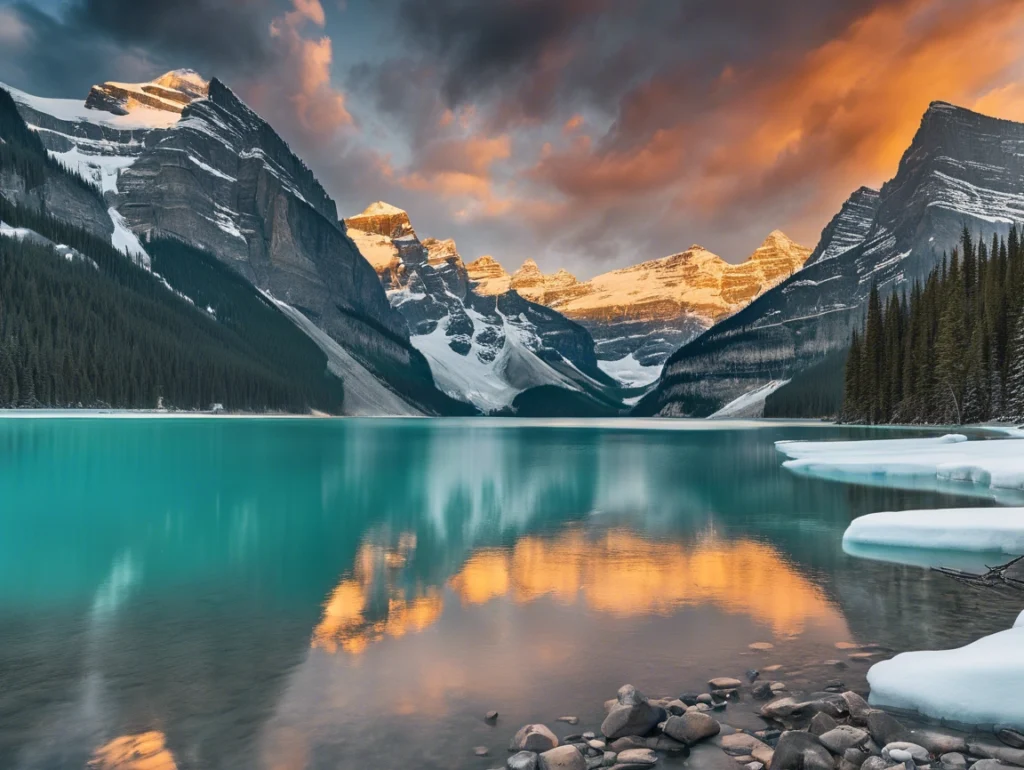 Stunning panoramic view of Banff National Park’s majestic Rocky Mountains, crystal-clear lakes, and lush forests.